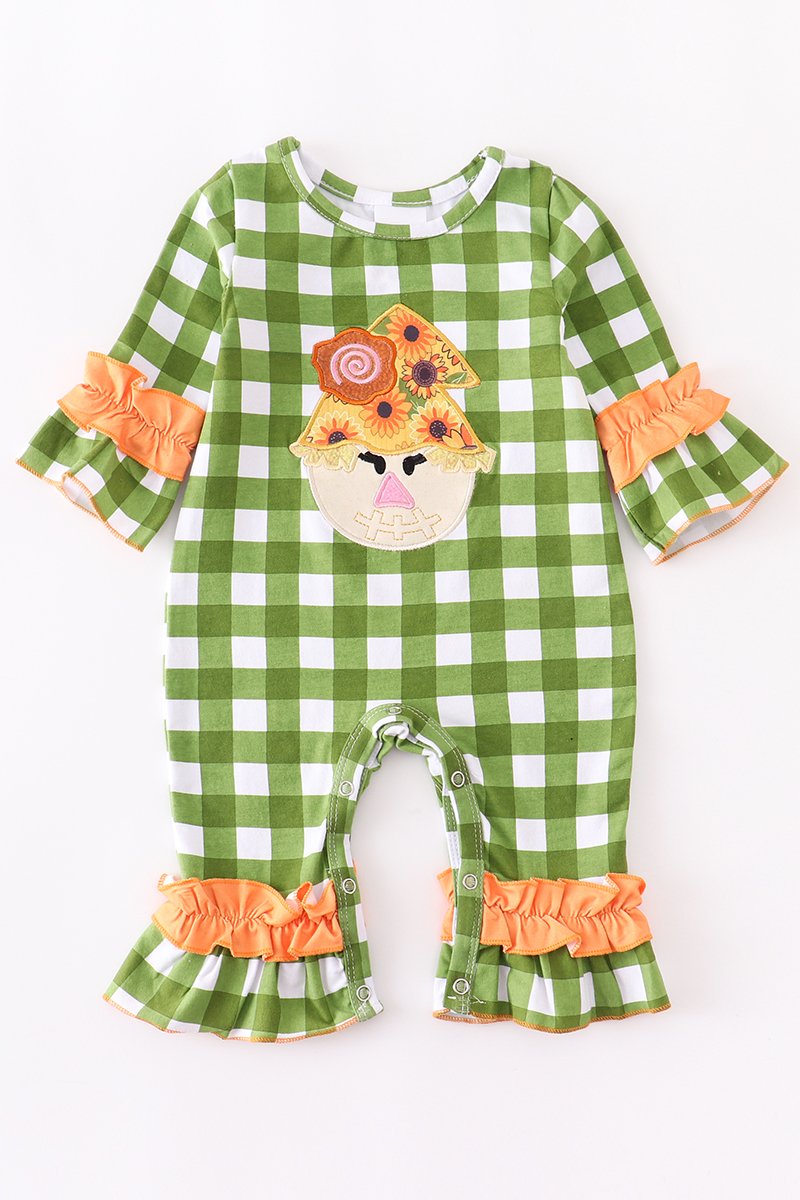 Green Gingham Scarecrow Baby Romper